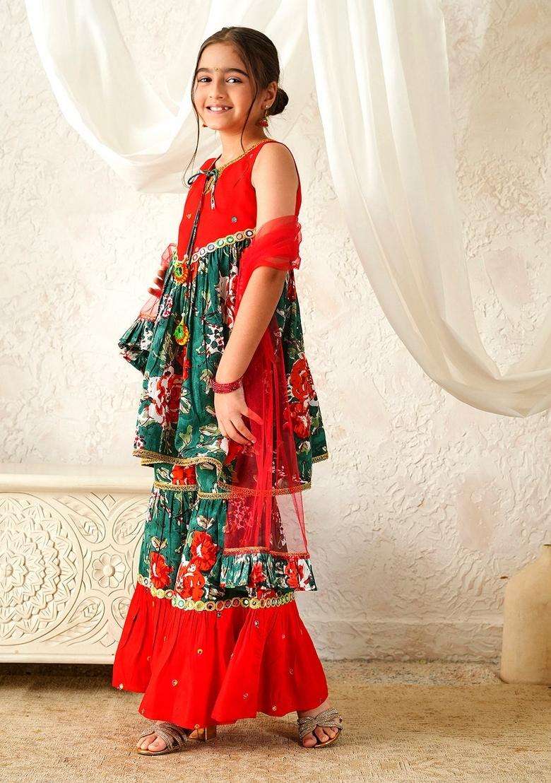 Multicolor Floral Print Cotton Sharara set For Girl - Indya