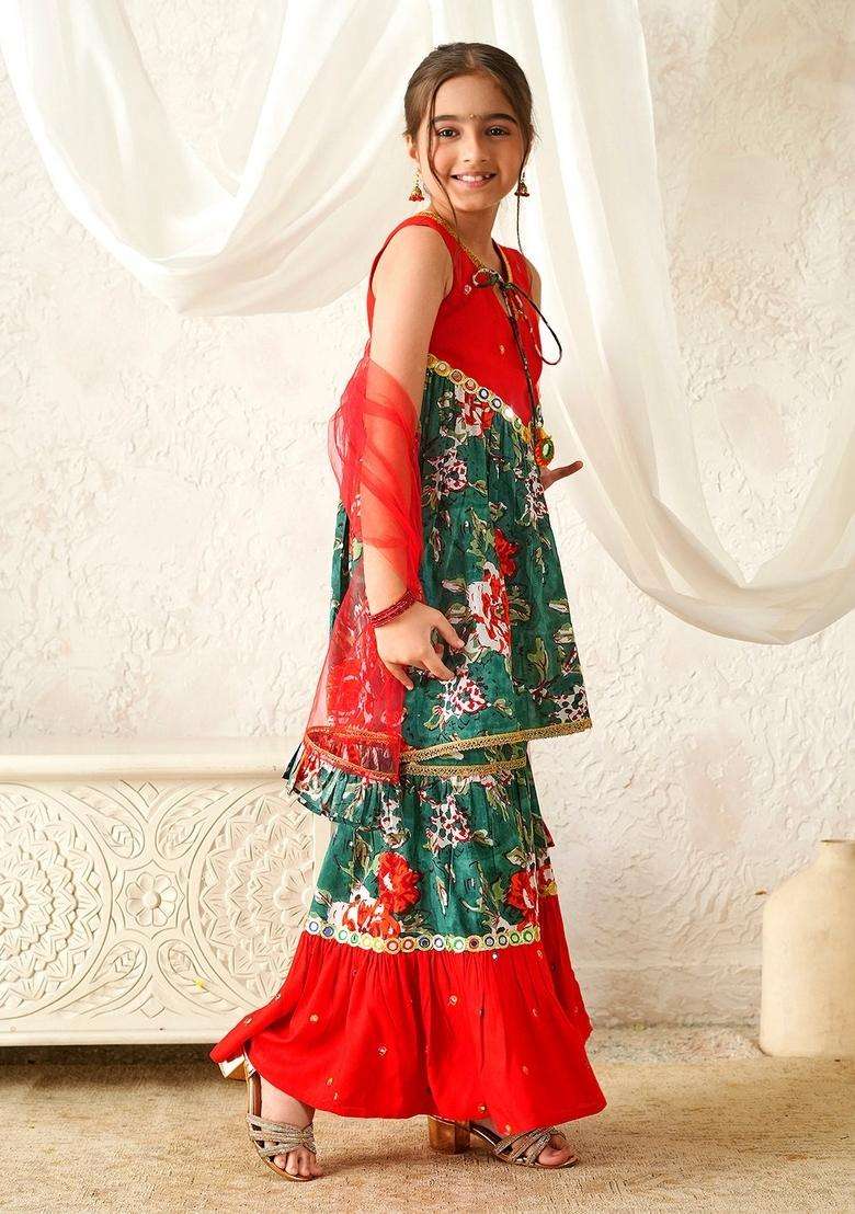 Multicolor Floral Print Cotton Sharara set For Girl - Indya