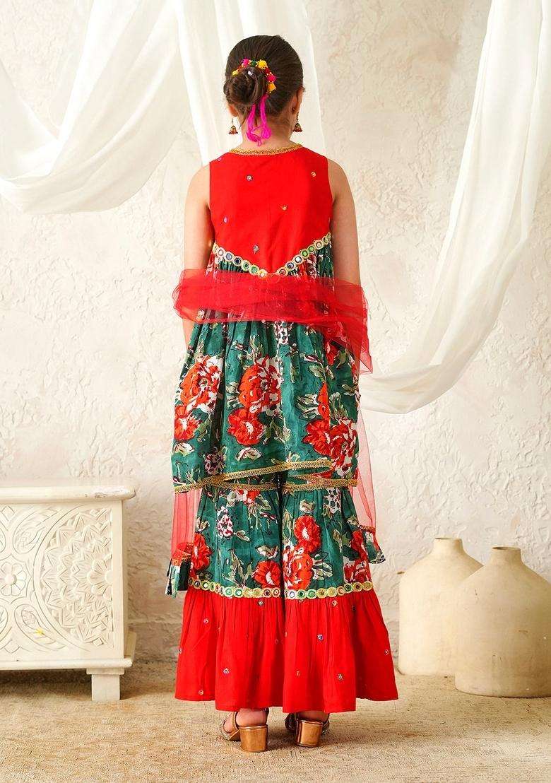 Multicolor Floral Print Cotton Sharara set For Girl - Indya