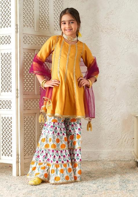 Mustard Motif Rayon Sharara set For Girl