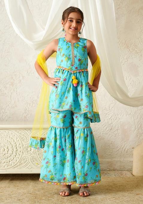Blue Motif Cotton Sharara set For Girl — view on Indya