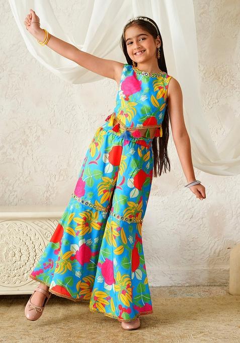 Blue Mirror Work Viscose Sharara set For Girl — view on Indya