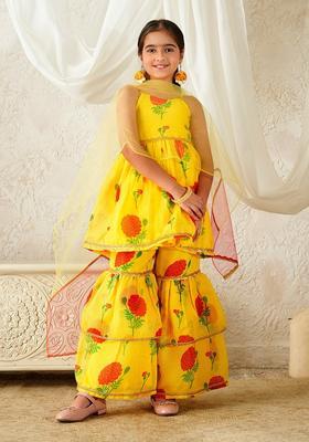 Yellow Floral Print Cotton Sharara set For Girl