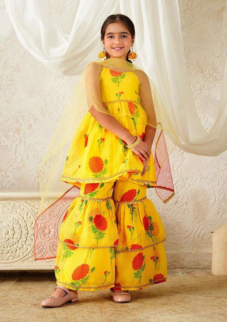 Yellow Floral Print Cotton Sharara set For Girl - Indya