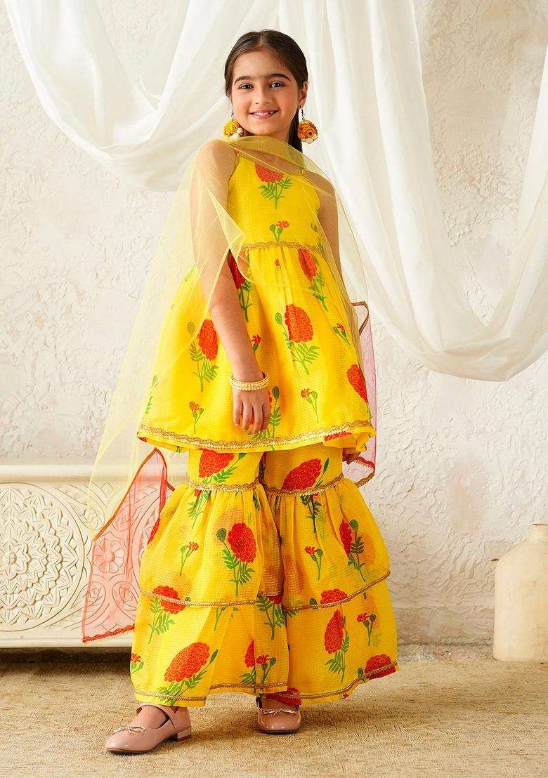 Yellow Floral Print Cotton Sharara set For Girl - Indya
