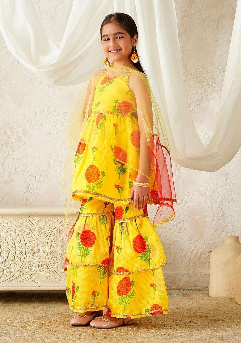 Yellow Floral Print Cotton Sharara set For Girl - Indya