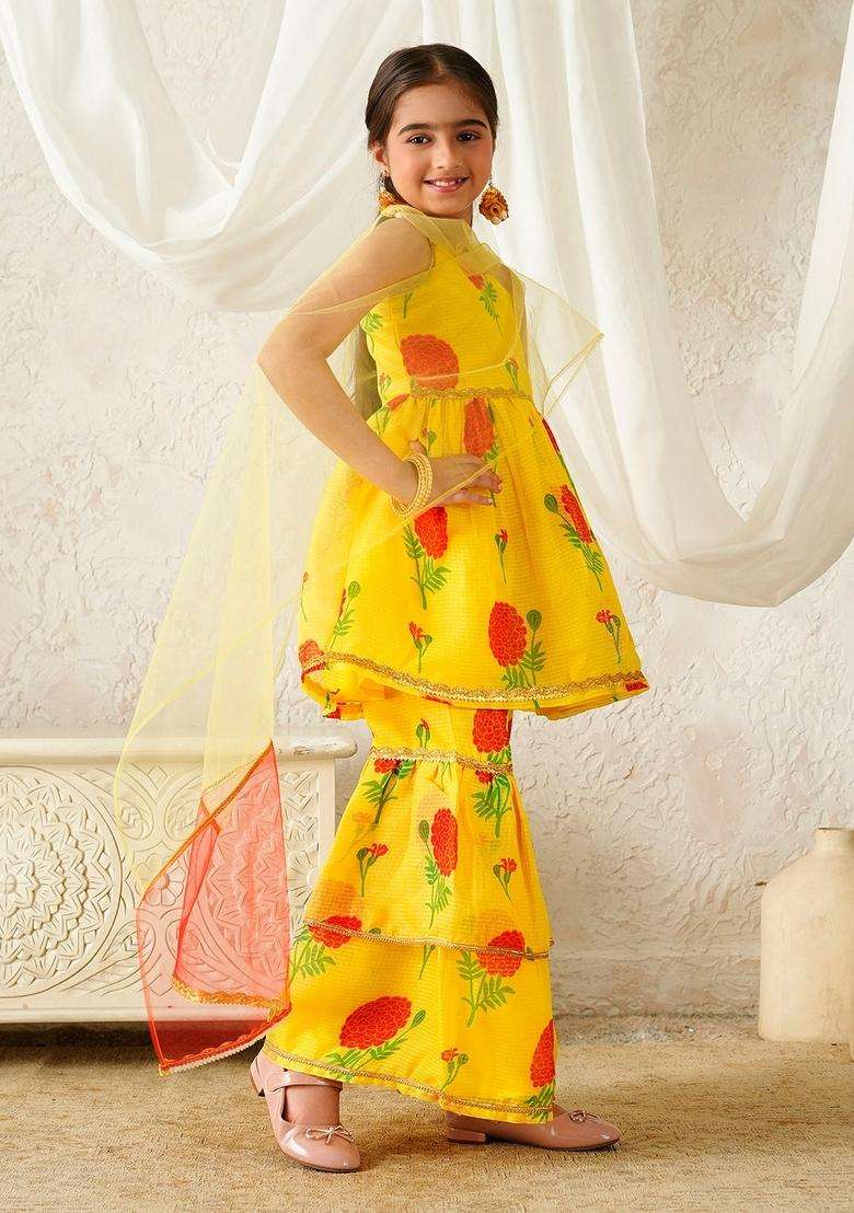 Yellow Floral Print Cotton Sharara set For Girl - Indya