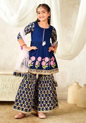 Navy Blue Printed Cotton Sharara set For Girl