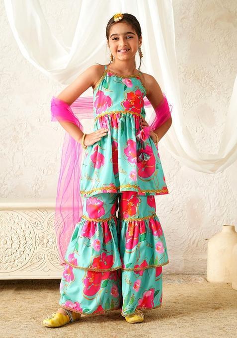 Green Motif Cotton Sharara set For Girl