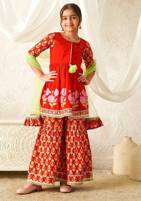Red Motif Cotton Sharara set For Girl