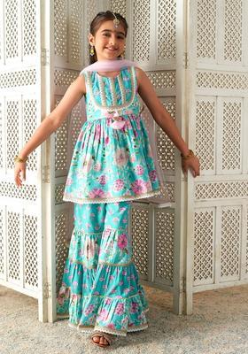 Blue Floral Print Cotton Sharara set For Girl
