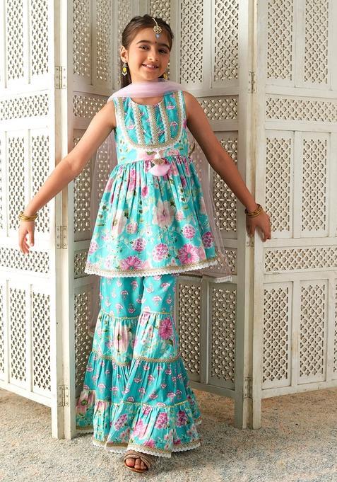 Blue Floral Print Cotton Sharara set For Girl — view on Indya