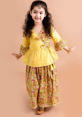 Mustard Floral Print Cotton Fusion Set For Girl