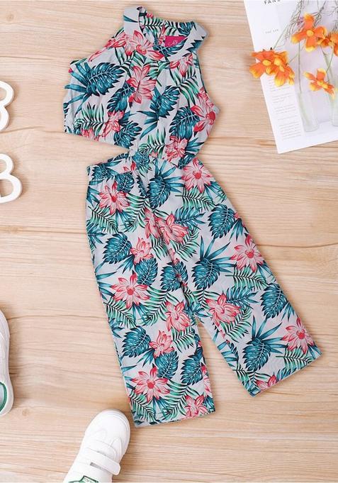 White Floral Print Rayon Clothing Set For Girl