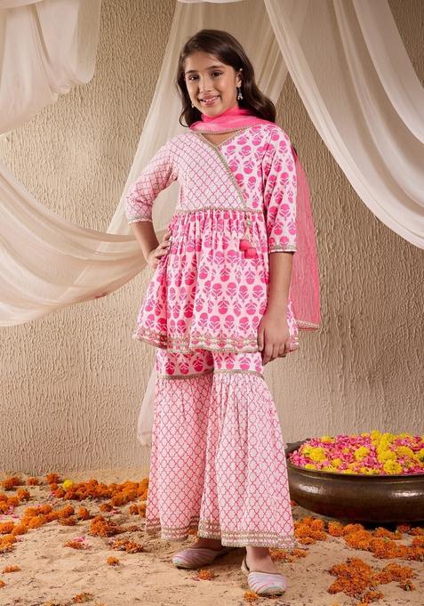 Pink Floral Print Cotton Sharara Set For Girl