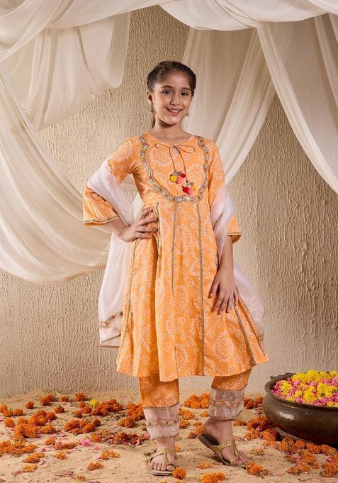 Orange Floral Print Cotton Kurta set For Girl