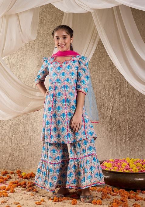 Firozi Floral Print Cotton Sharara Set For Girl — view on Indya