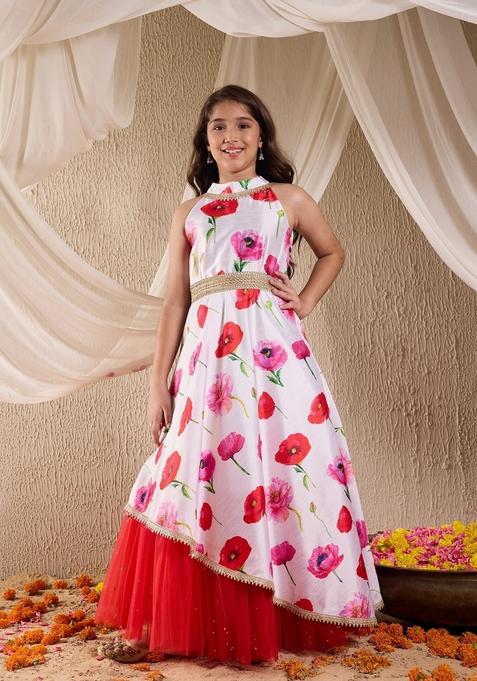 White Floral Print Cotton Indo Western For Girl — view on Indya