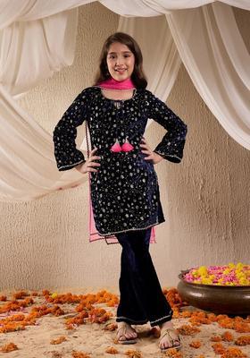 Navy Blue Floral Print Viscose Kurta set For Girl