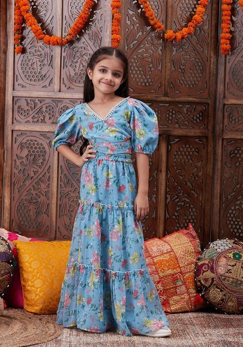 Blue Floral Print Blended Fusion Set For Girl — view on Indya