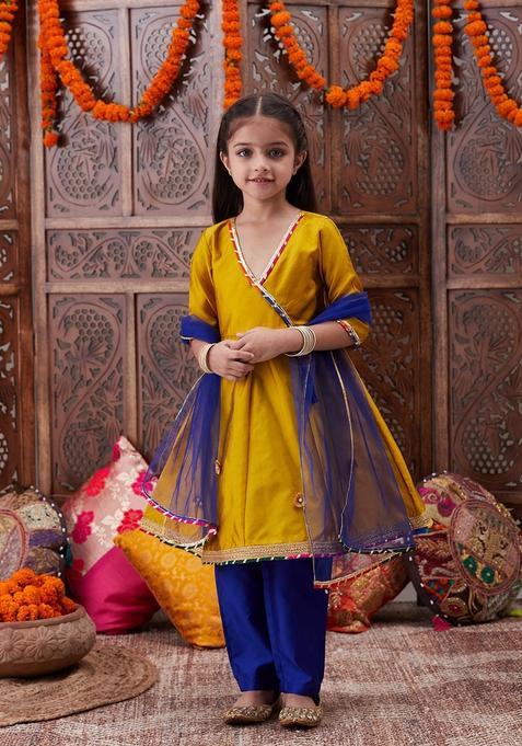 Mustard Floral Print Viscose Kurta set For Girl