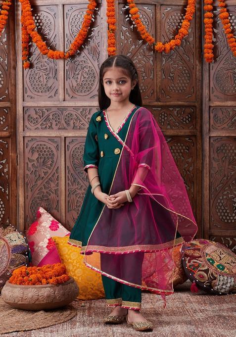 Green Floral Print Viscose Kurta set For Girl