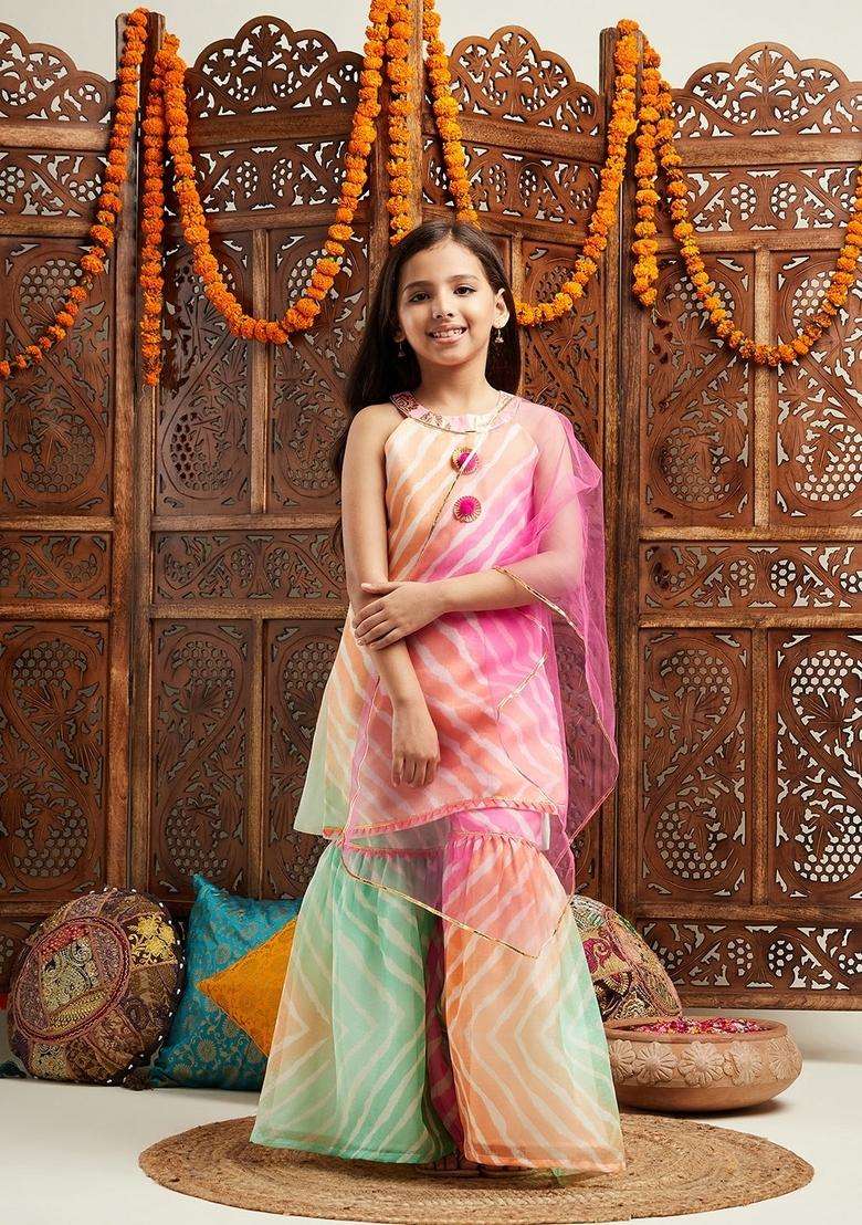 Multicolor Floral Print Viscose Sharara Set For Girl - Indya