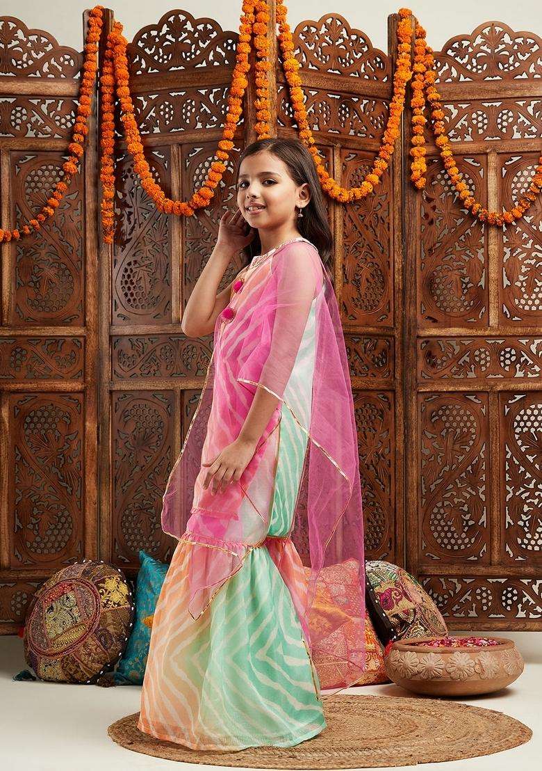 Multicolor Floral Print Viscose Sharara Set For Girl - Indya