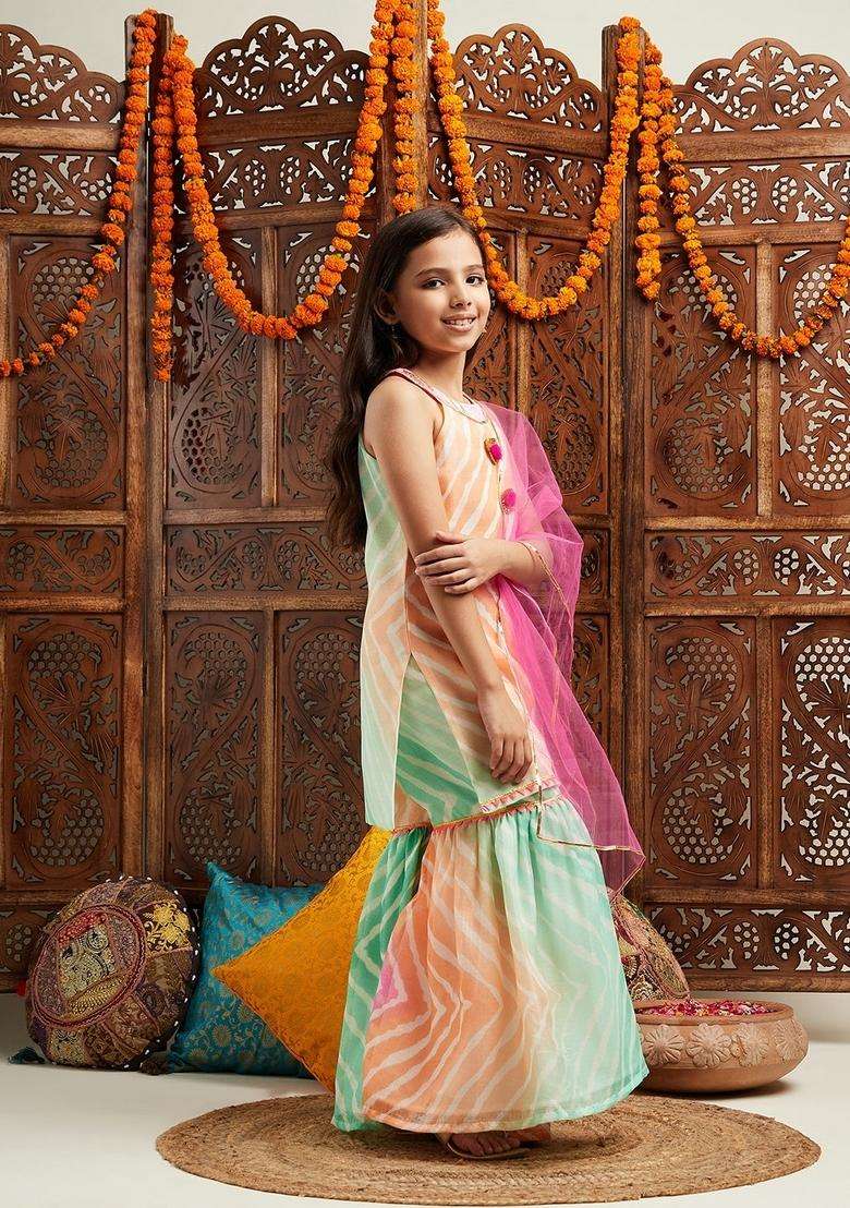 Multicolor Floral Print Viscose Sharara Set For Girl - Indya