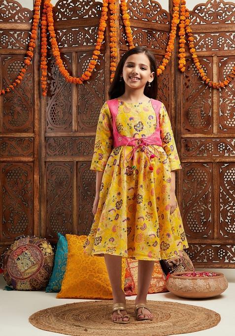 Yellow Floral Print Blended Fusion Set For Girl — view on Indya