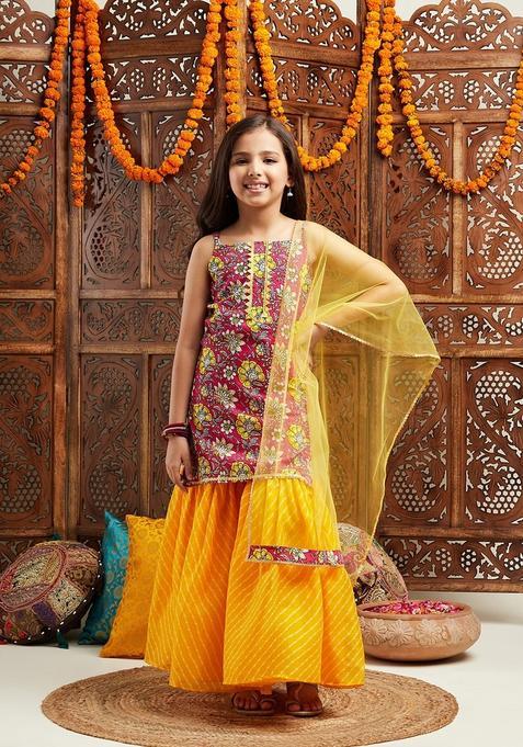 Purple Floral Print Cotton Sharara Set For Girl