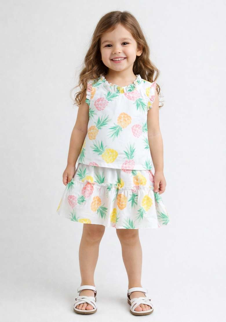 White Printed Cotton Co-Ord Set For Girls - Indya