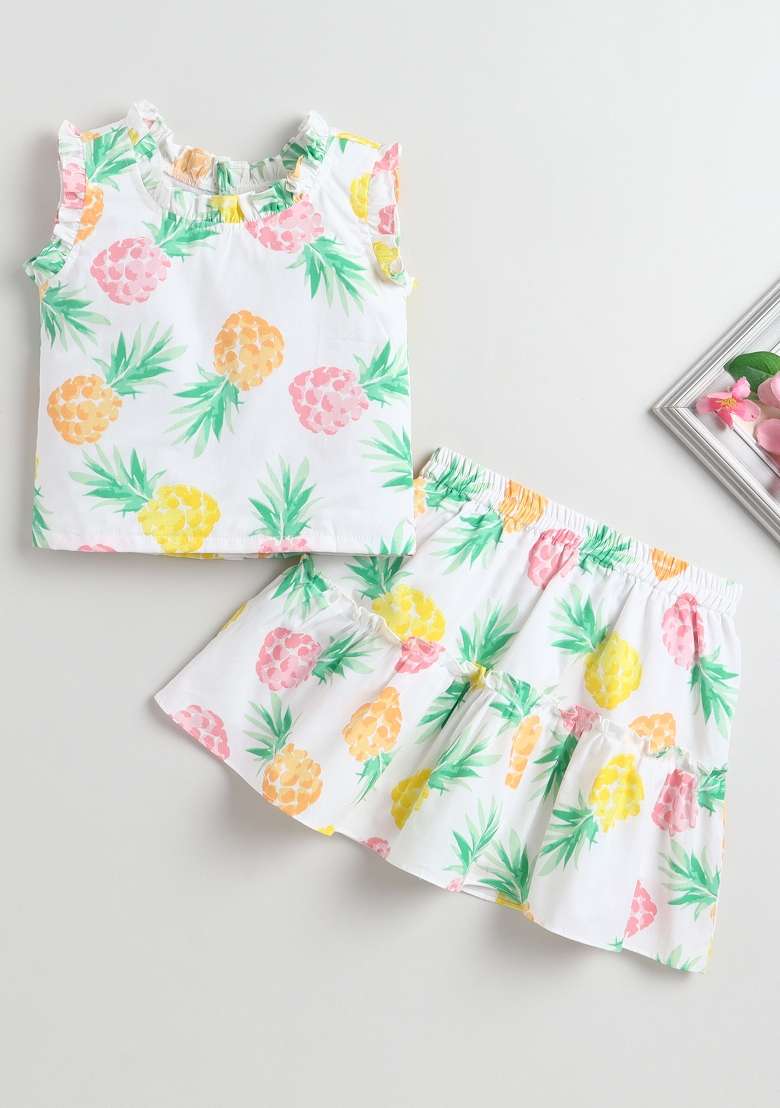 White Printed Cotton Co-Ord Set For Girls - Indya