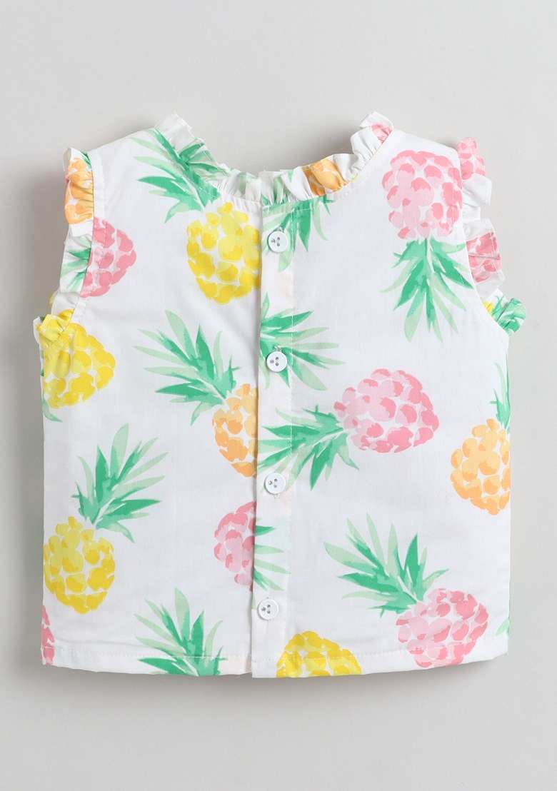 White Printed Cotton Co-Ord Set For Girls - Indya