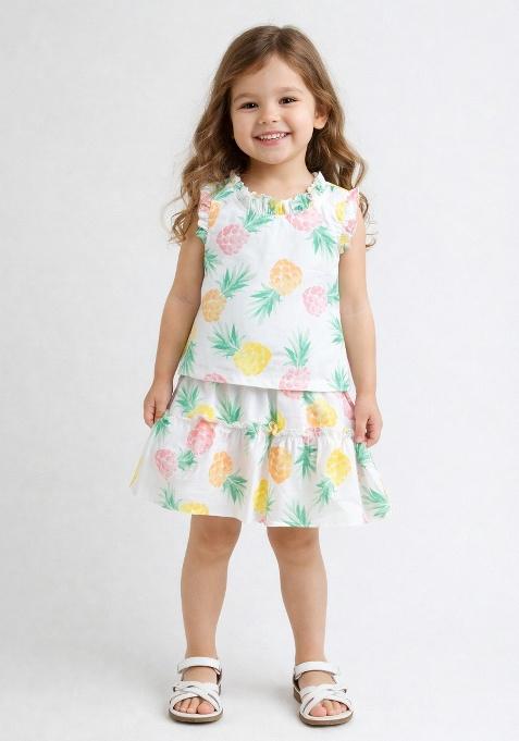 White Printed Cotton Co-Ord Set For Girls