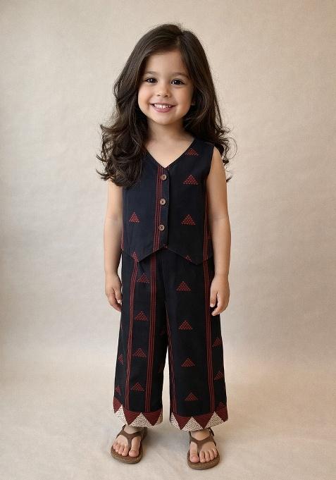 Black Printed Cotton Plazzo Set For Girls
