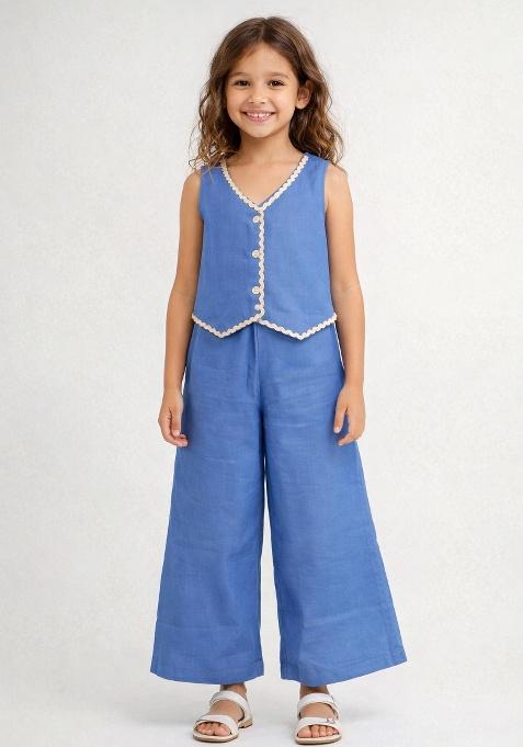 Blue Solid Cotton Co-Ord Set For Girls