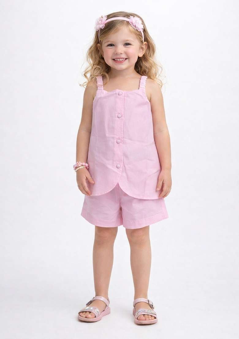 Pink Solid Cotton Co-Ord Set For Girls - Indya