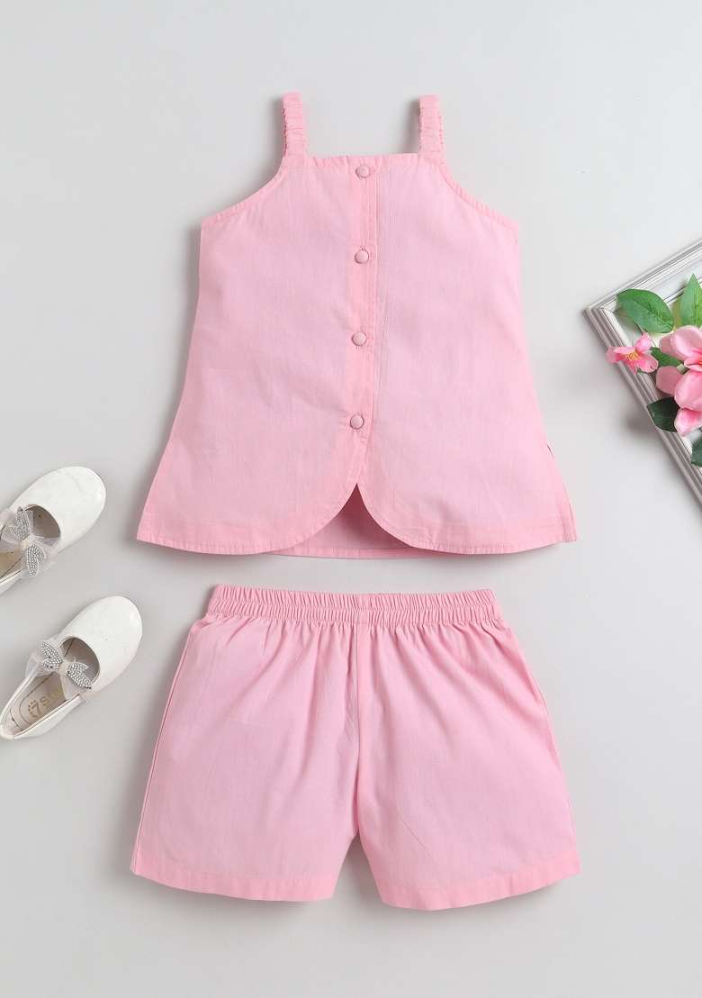 Pink Solid Cotton Co-Ord Set For Girls - Indya