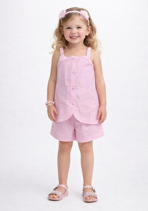 Pink Solid Cotton Co-Ord Set For Girls