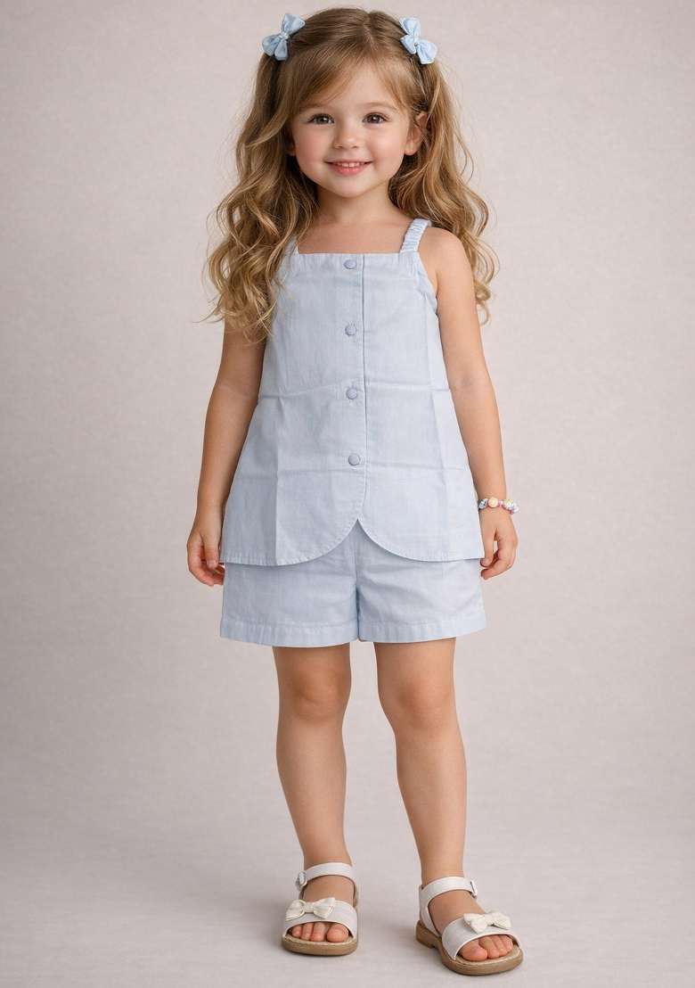 Blue Solid Cotton Co-Ord Set For Girls - Indya
