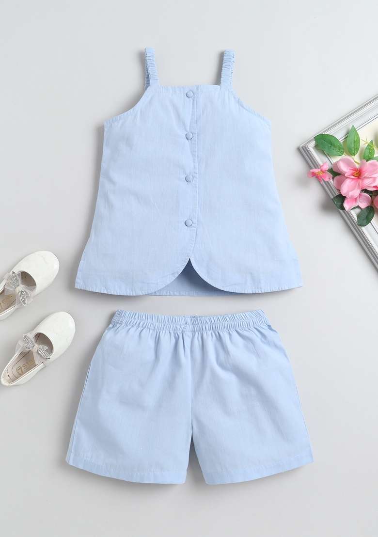 Blue Solid Cotton Co-Ord Set For Girls - Indya