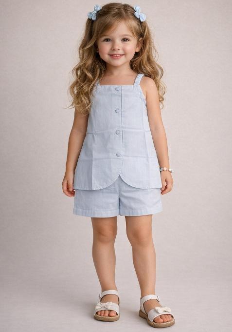 Blue Solid Cotton Co-Ord Set For Girls