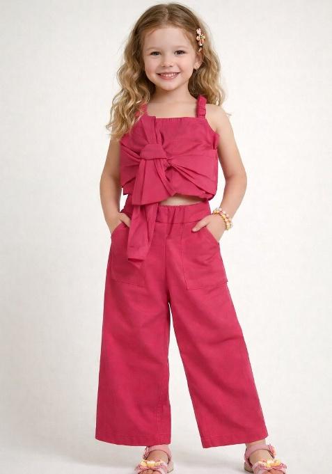 Fuchsia Solid Cotton Co-Ord Set For Girls