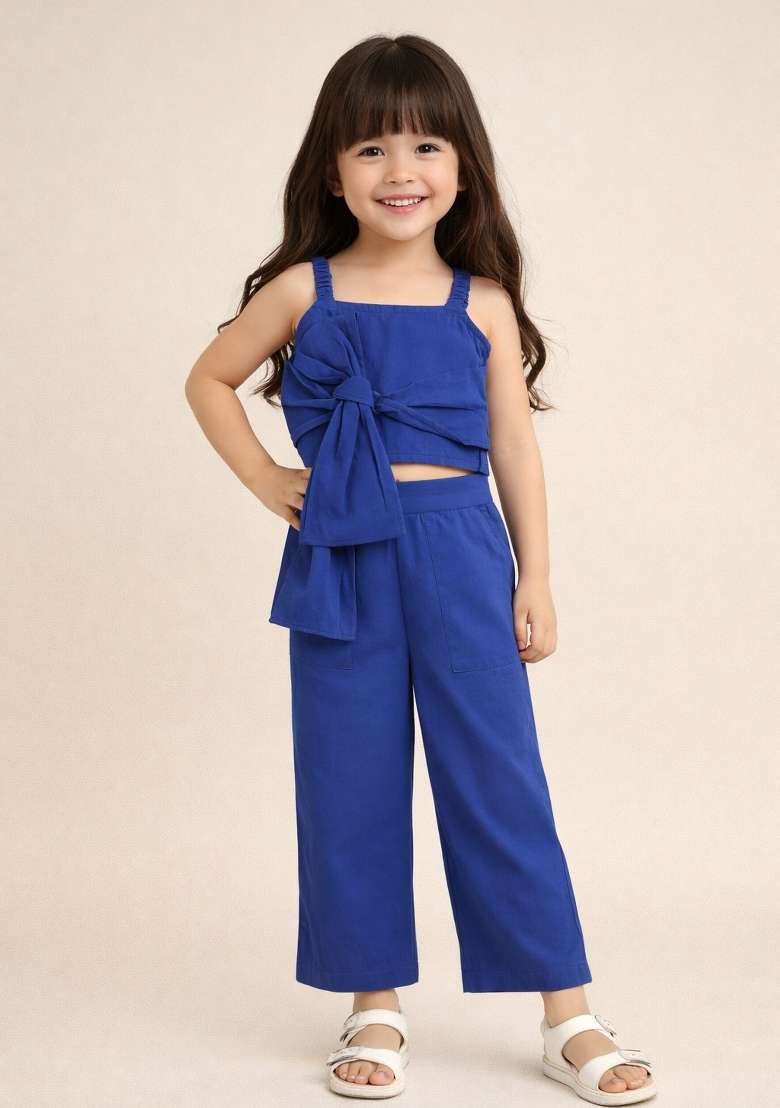Royal Blue Solid Cotton Co-Ord Set For Girls - Indya