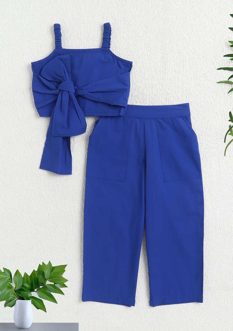 Royal Blue Solid Cotton Co-Ord Set For Girls - Indya