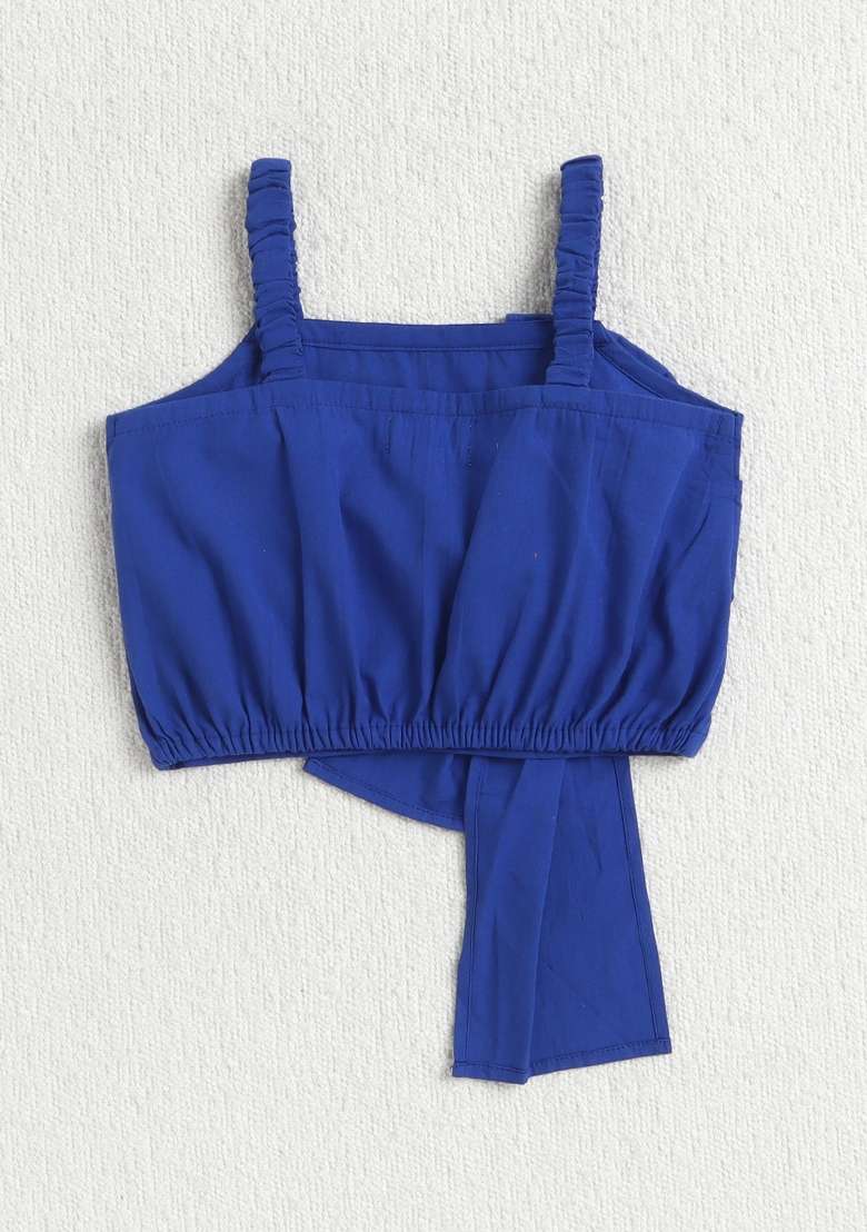 Royal Blue Solid Cotton Co-Ord Set For Girls - Indya