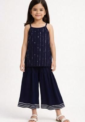 Navy Blue Embellished Georgette Sharara Set For Girls