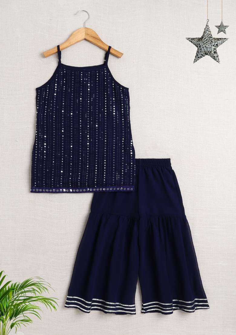 Navy Blue Embellished Georgette Sharara Set For Girls - Indya