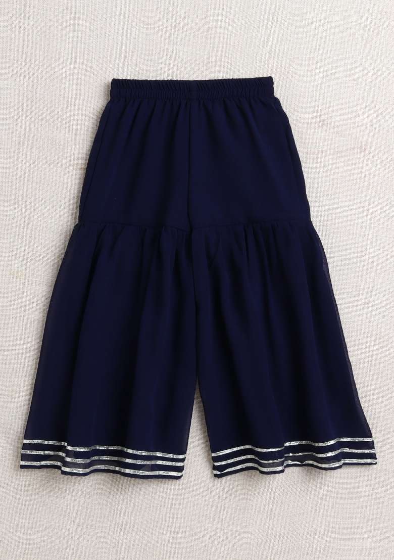 Navy Blue Embellished Georgette Sharara Set For Girls - Indya